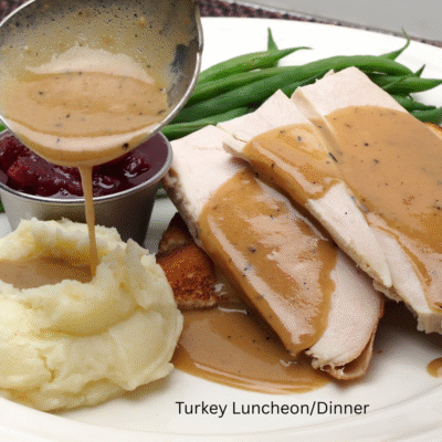 Festive Turkey Luncheon or Dinner with stuffing, mashed potatoes and vegetables