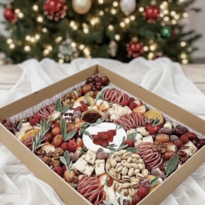 Festive Charcuterie box with meats and cheese, a great holiday graze